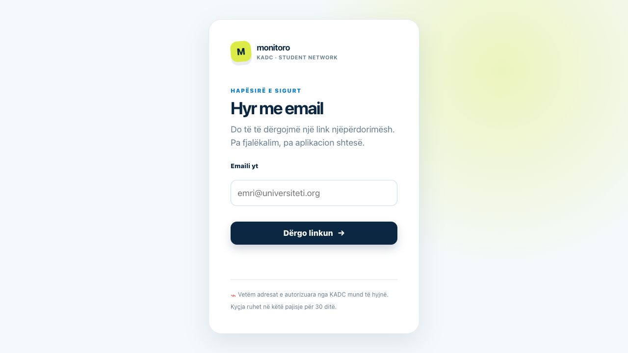 Monitoro sign-in screen requesting an authorised email address